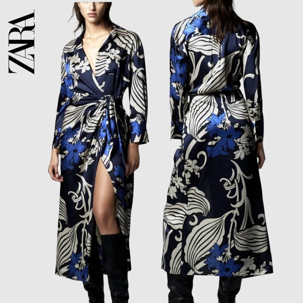 Zara Dress Maxi Wrap Dress Blue Black Patterned Size Small